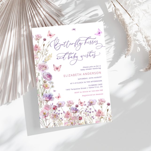 Convites Beijos borboletas e bebês desejam um bebê rosa púr (Criador carregado)