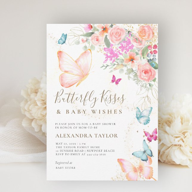 Convites Beijos Brilhantes Bright Floral Chá (butterflies baby shower invitation butterfly kisses blush orange teal gold floral elegant garden)