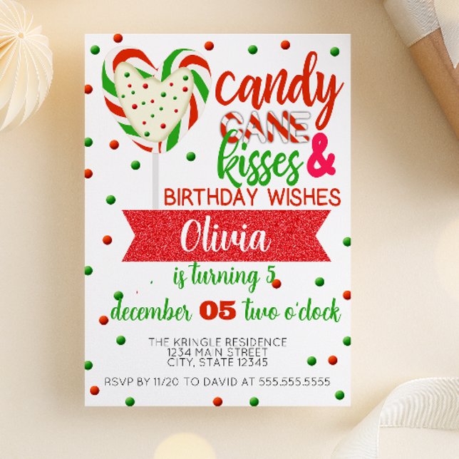 Convites Beijos de Bastão de Natal Desejos de Aniversário F (Candy Cane Kisses and Birthday Wishes | Candy Cane Heart Candy Birthday Party Invitation)