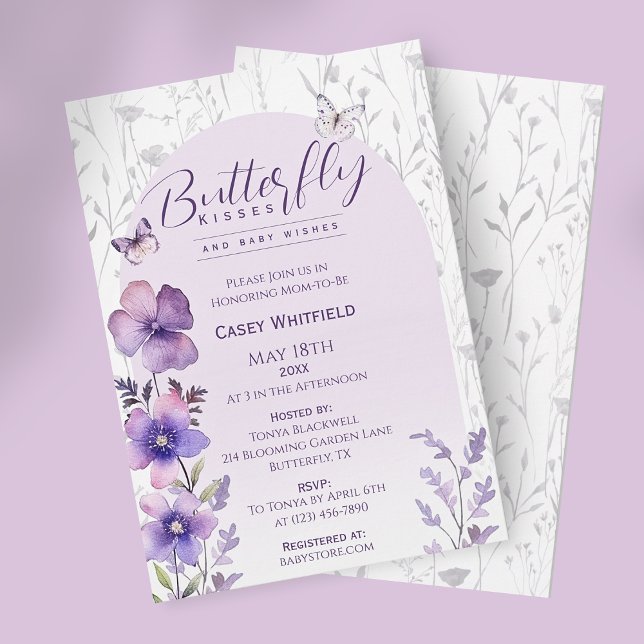 Convites Beijos de Borboleta Chuvada de Amor Boho Baby Show (Butterfly Kisses Purple Boho Baby Shower Invitation)