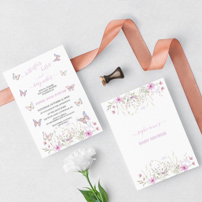 Convites Beijos de borboleta e Chá de fraldas de bebês (butterfly baby shower invitation, meadow flowers butterflies baby shower invite, trendy baby shower)