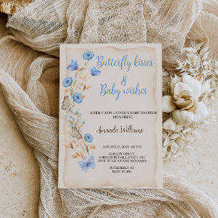 Convites Beijos de Borboleta Floral Boho Azul Chá de Bebê