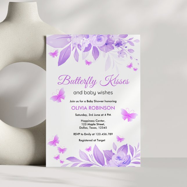 Convites Beijos de borboleta púrpura e Chá de fraldas de de (Purple Butterfly Kisses & Baby Wishes Baby Shower Invitation )