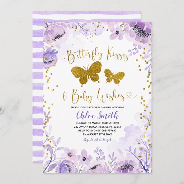 Convites Beijos de borboletas de Lavanda roxa e desejo de b (Frente/Verso)