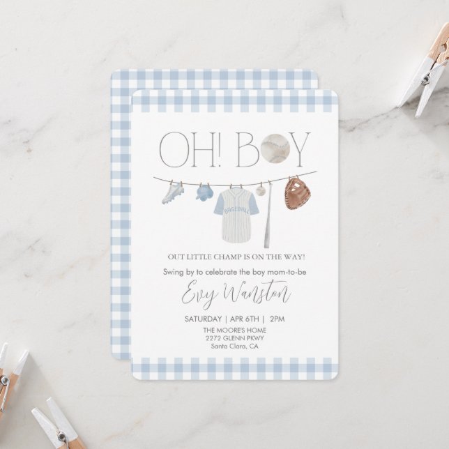 Convites Beisebol azul claro Oh, chá de fraldas de menino c (Frente/Verso In Situ)