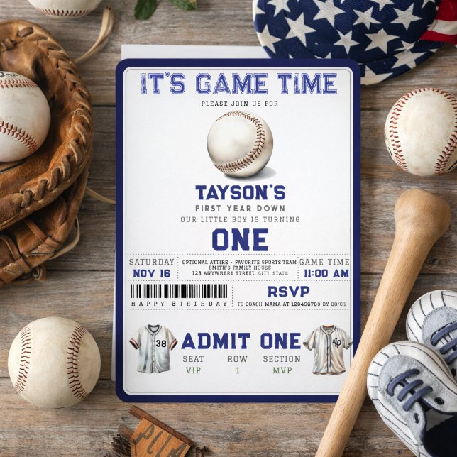 Convites Beisebol Primeiro Ano Baixado 1º Aniversário (Baseball First Year Down 1st Birthday Ticket Invitation
)