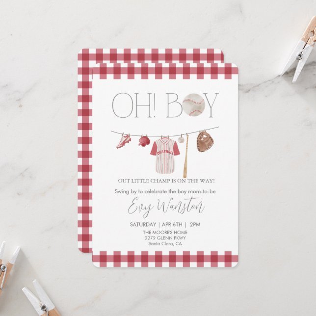 Convites Beisebol vermelho Oh, chá de fraldas de garoto con (Frente/Verso In Situ)