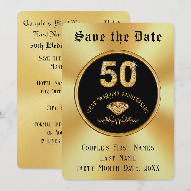 Convites Bela, 50º Aniversário de Casamento Salve a Data, (Frente/Verso)