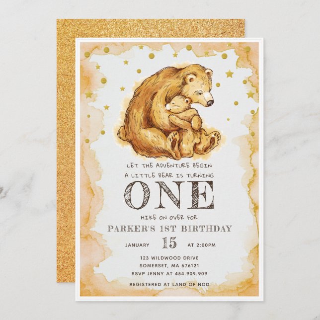 Convites Bela Aquarela Bear Aniversário (Frente/Verso)