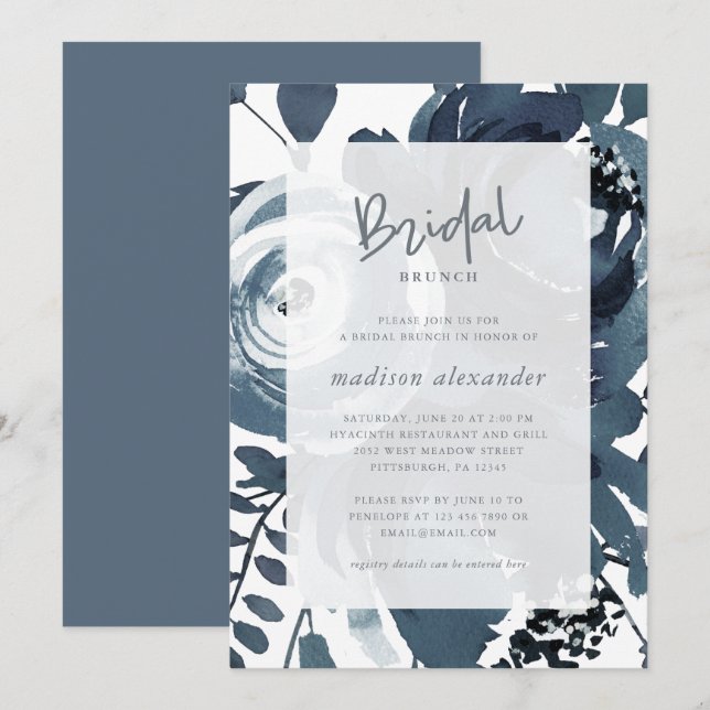 Convites Bela Bridal Azul e Branca Bridal Brunch (Frente/Verso)