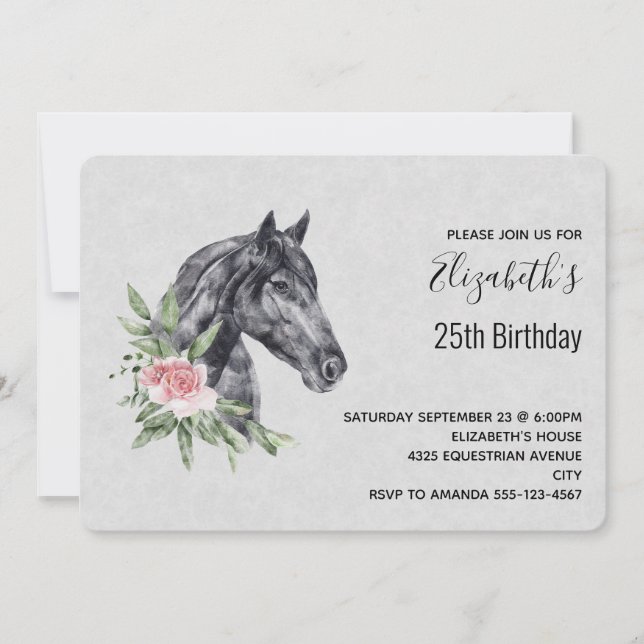 Convites Bela Cabeça de Cavalo Retrato Aquarela Aniversário (Frente)