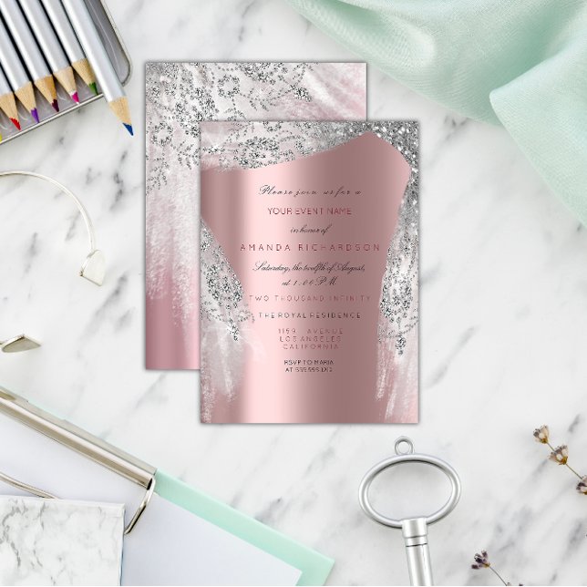 Convites Bela Décima Sexta de Noiva Rosa Cinza Prateado Bri (Pink Sweet 16th Bridal Silver Gray Rose Sparkly Invitation)