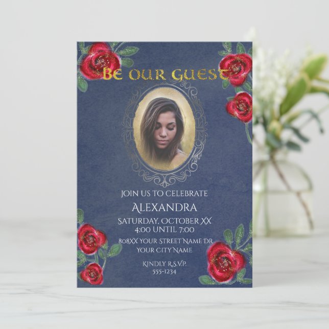 Convites Bela e a Fada da Fada da Besta Foto Espelho Azul (Em pé/Frente)