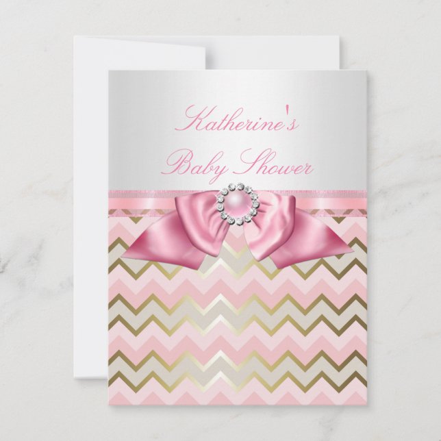 Convites Bela Festa de Bebê Menina Pink Dourado Chevron (Frente)