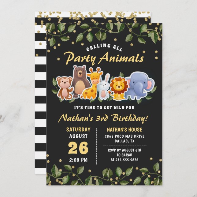 Convites Bela Festa dos Amigos do Zoológico Verde Aniversár (Frente/Verso)
