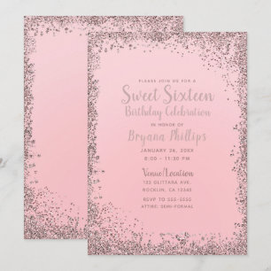 Convites Bela Festa Sweet 16 com Brilho Rosa Dourado e Bord