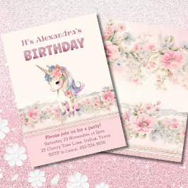 Convites Bela Flor Rosa Garota Unicórida Aniversário
