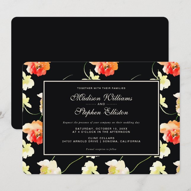 Convites Bela Floral Negra - Casamento (Frente/Verso)