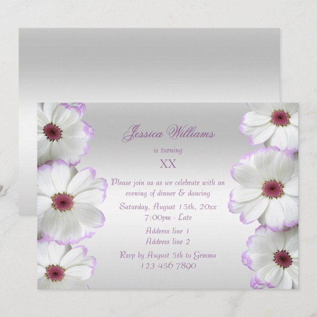 Convites Bela Flores Brancas e Lilás Aniversário (Frente/Verso)