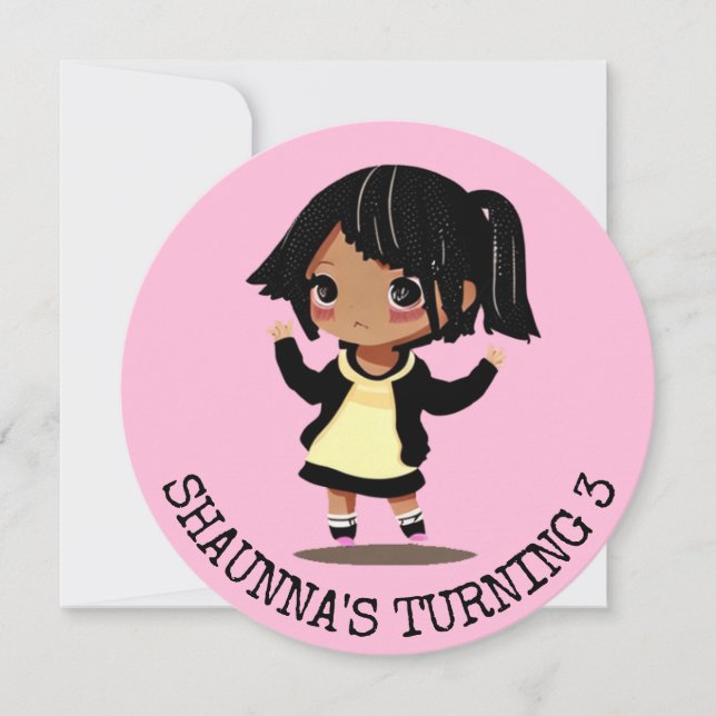 Convites Bela Garota de Cartoon Personalizada Rosa de Anive (Frente)