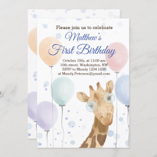 Convites Bela Girafa Colorida Garoto Balão Aniversário
