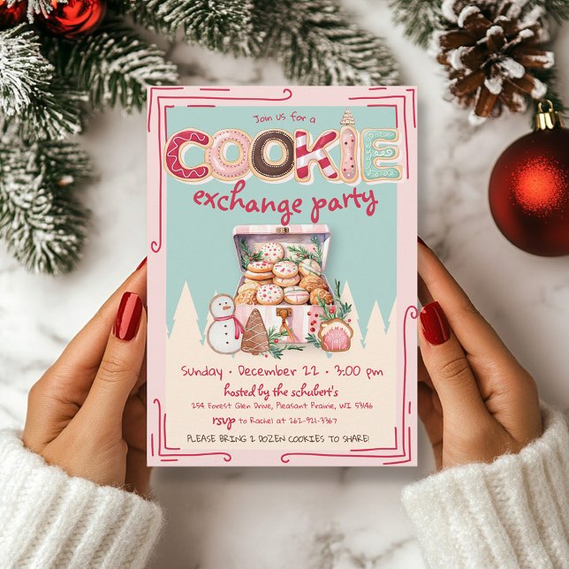 Convites Bela Mão Desenhada Festa de Bolachas de Natal (Cute pink, red, teal hand drawn cookie exchange Christmas Party invitation, cookies, baking)
