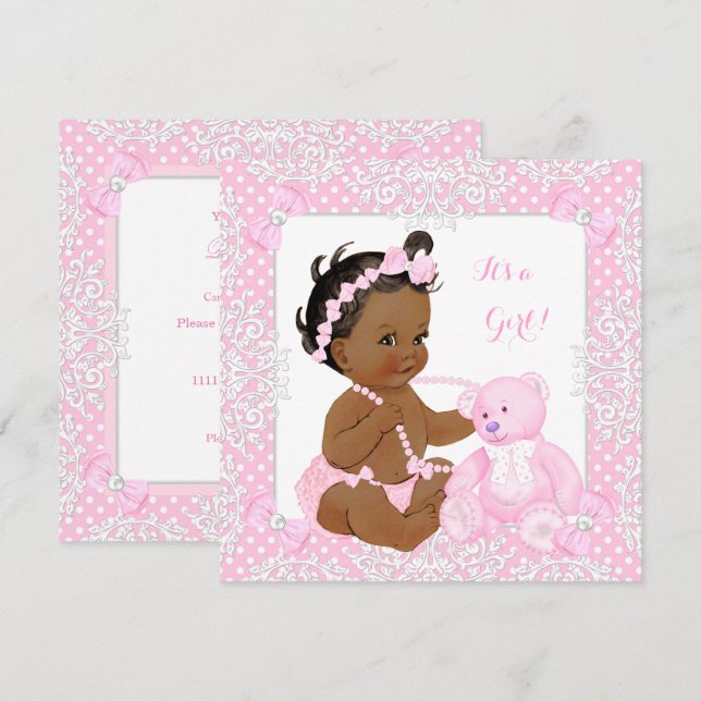 Convites Bela Menina Chuveiro Bebê Renda Urso Rosa Étnico (Frente/Verso)