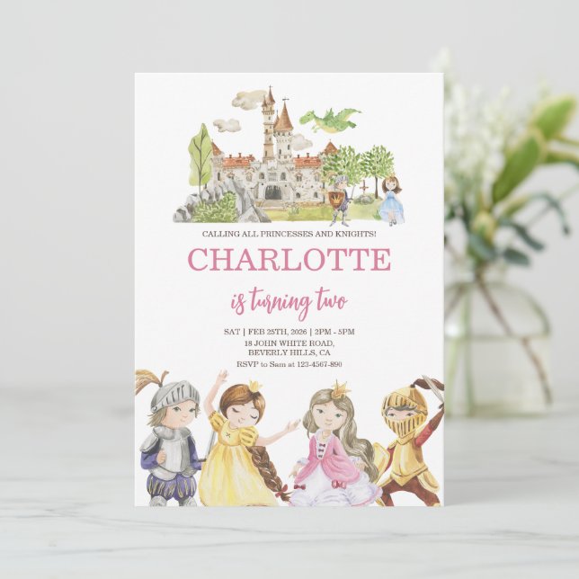 Convites Bela princesa e cavaleiros Aniversário (Em pé/Frente)