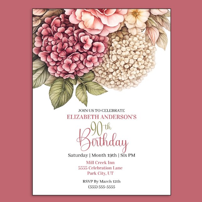 Convites Bela Rosa de Hortênsia para 90º Aniversário (Pretty Hydrangea and Rose 90th Birthday invitation For Women.)
