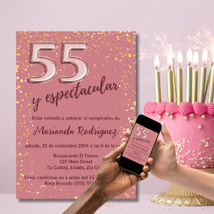 Convites Bela Rosa Elegante Dourado 55º Aniversário Espanho