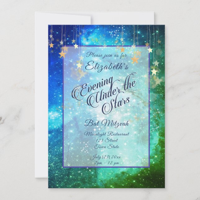 Convites Bela Sob as Estrelas Azul Verde Bat Mitzvah (Frente)