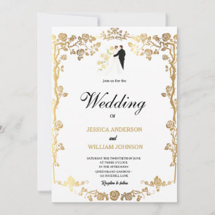 Convites Belas flores douradas decoram casamento
