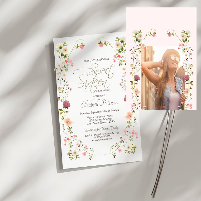 Convites Belas Flores Selvagens Sua Foto Sweet 16 (Criador carregado)
