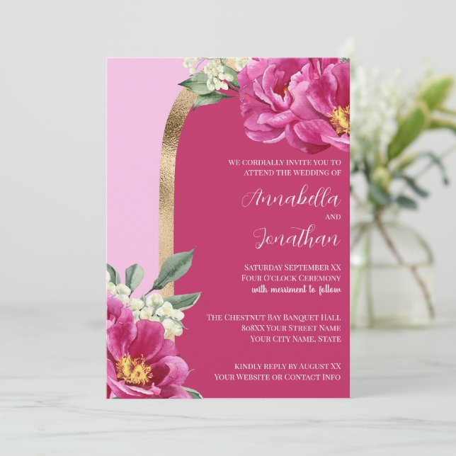 Convites Belas Peônias Rosas com Dourado no Casamento Rosa (Em pé/Frente)