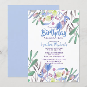 Convites Beleza Botânica Azul Aquarela Mulher Aniversário