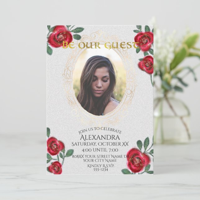 Convites Beleza e Dourada foto-espelho da Fada da Besta (Em pé/Frente)