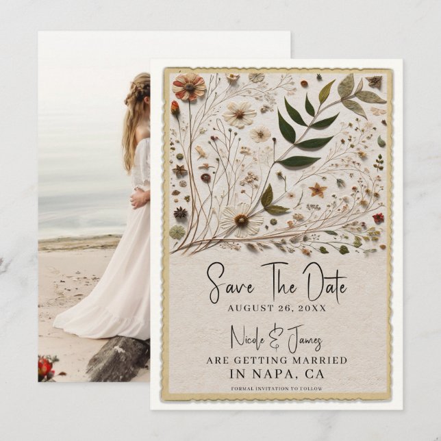 Convites Beleza Natural Flores Botânicas e Folhas Casamento (Frente/Verso)