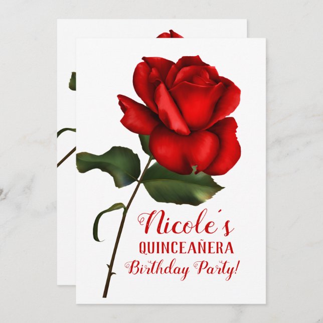 Convites Beleza rosa vermelha e Festa de Quinceañera (Frente/Verso)