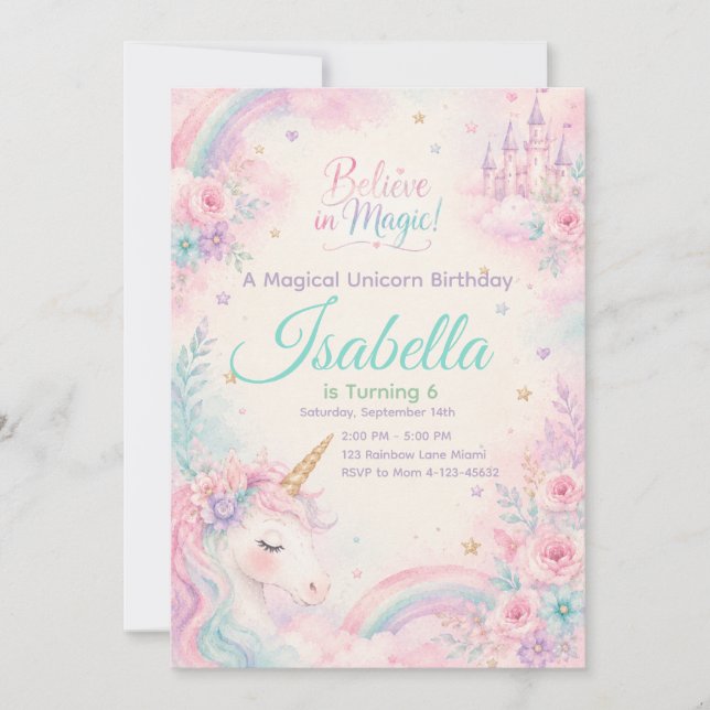 Convites Believe In Magic Unicorn Invitation Editable (Frente)