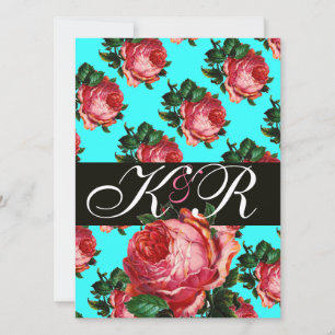 CONVITES BELÍSSIMO MONOGRAMA FLORAL DE ROSA PINK ÁGUA AZUL 