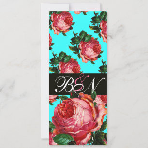CONVITES BELÍSSIMO MONOGRAMA FLORAL DE ROSA PINK ÁGUA AZUL 