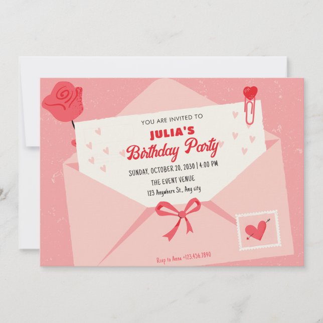 Convites Belo aniversário de carta rosa (Frente)
