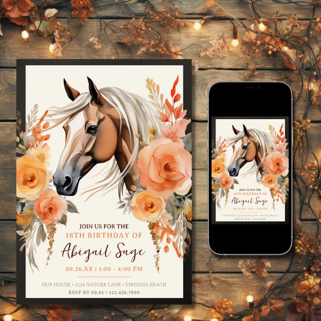Convites Belo Aniversário de Cavalo e Flores (Printed and Digital - Beautiful Horse and Flowers Birthday Invitation)