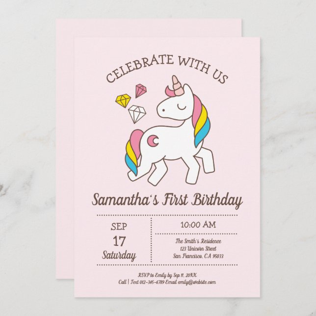 Convites Belo Aniversário do Arco-Íris Unicórnio (Frente/Verso)