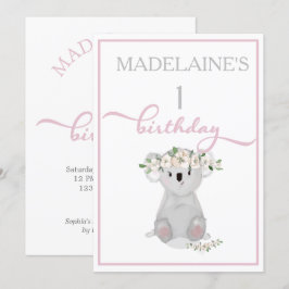 Convites Belo Aniversário Koala Floral Rosa