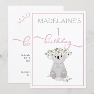 Convites Belo Aniversário Koala Floral Rosa
