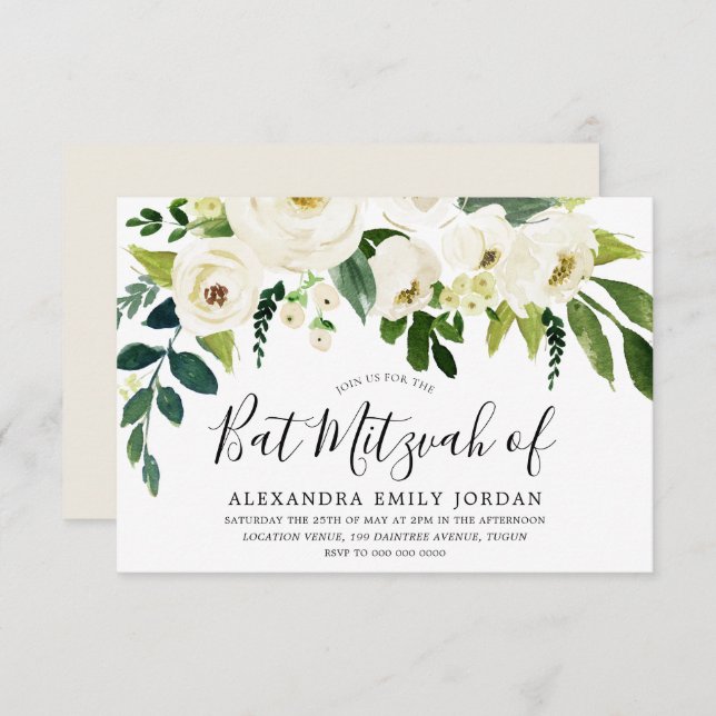 Convites Belo Bar de Flores Brancas Mitzvah Bat Mitzvah (Frente/Verso)