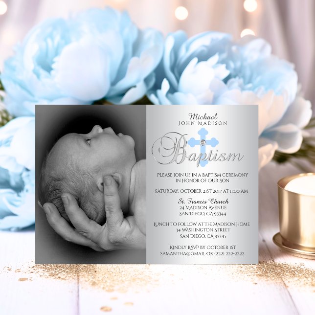Convites Belo Batismo do Blue Cross Boy da Silver (Gorgeous Silver Blue Cross Boy PHOTO Baptism Invitation)