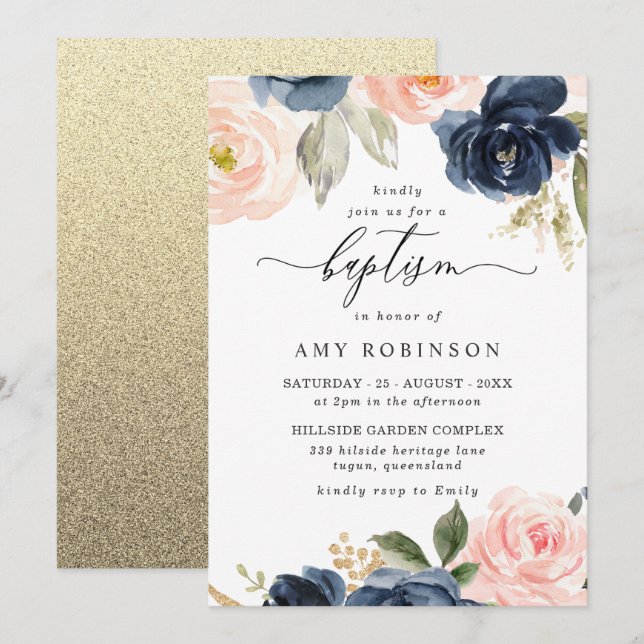 Convites Belo Blush e Marinho Flores Menino Batismo (Frente/Verso)