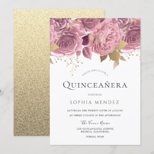 Convites Belo Blush Floral e Dourado Partido Quinceanera